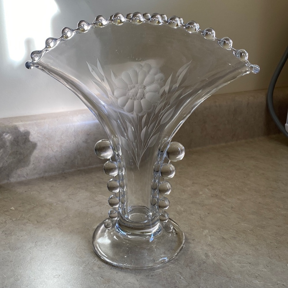 Hughes etched cornflower with candlewick rim glass fan vase